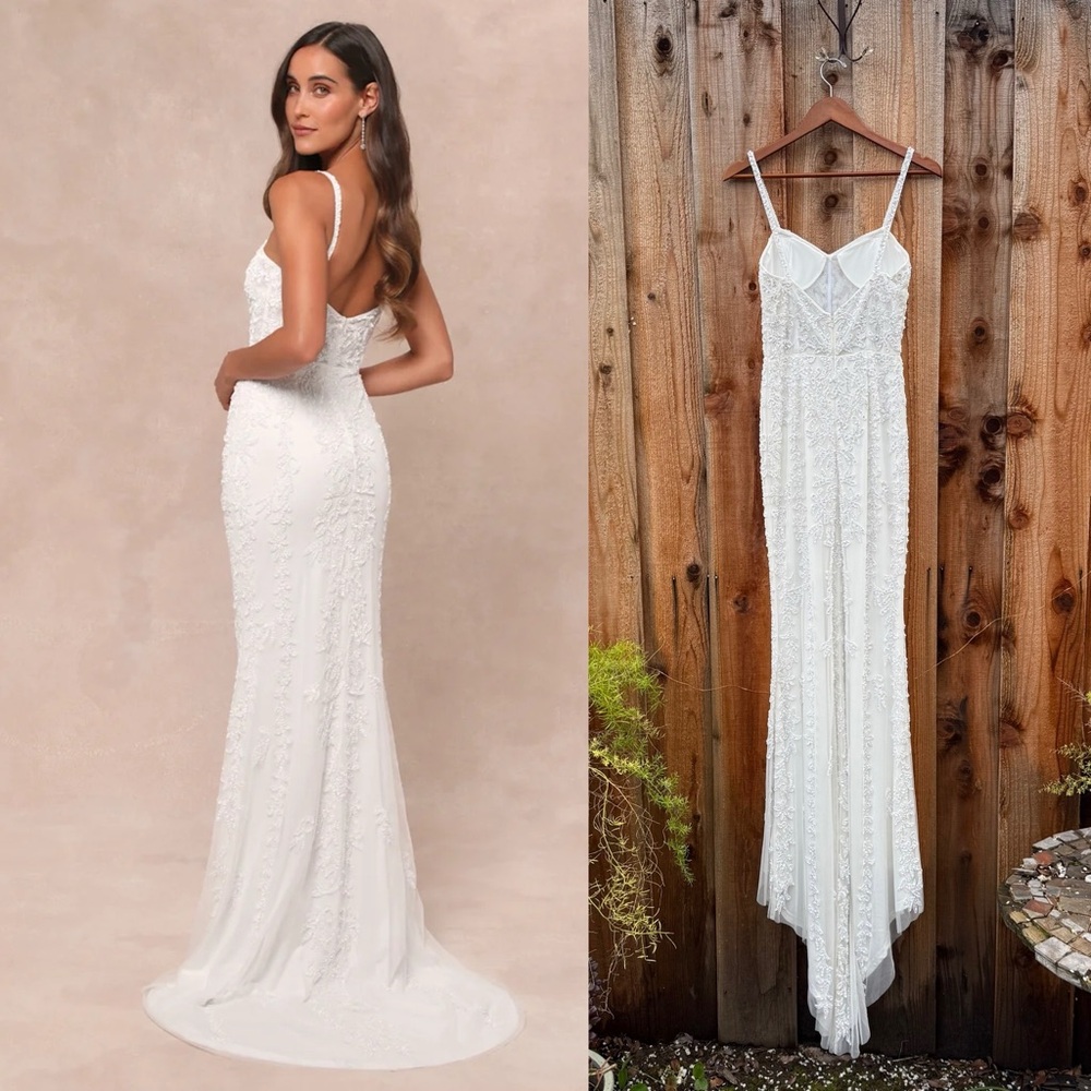 White Beaded Bustier Mesh Mermaid Maxi Dress w/ Train 🌿